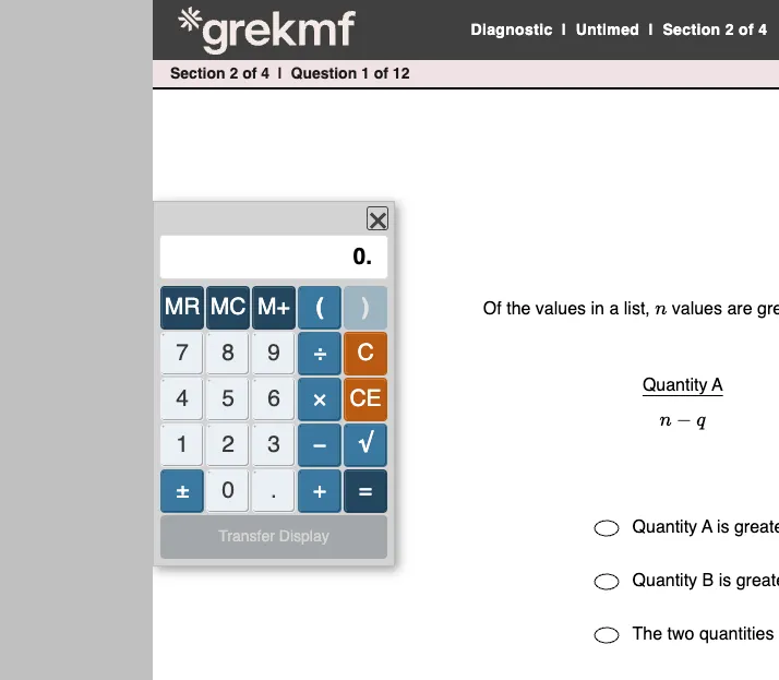 In a GREKMF diagnostic Quant session, the calculator sits on the white exam area. The gray bar on the left is off-limits.