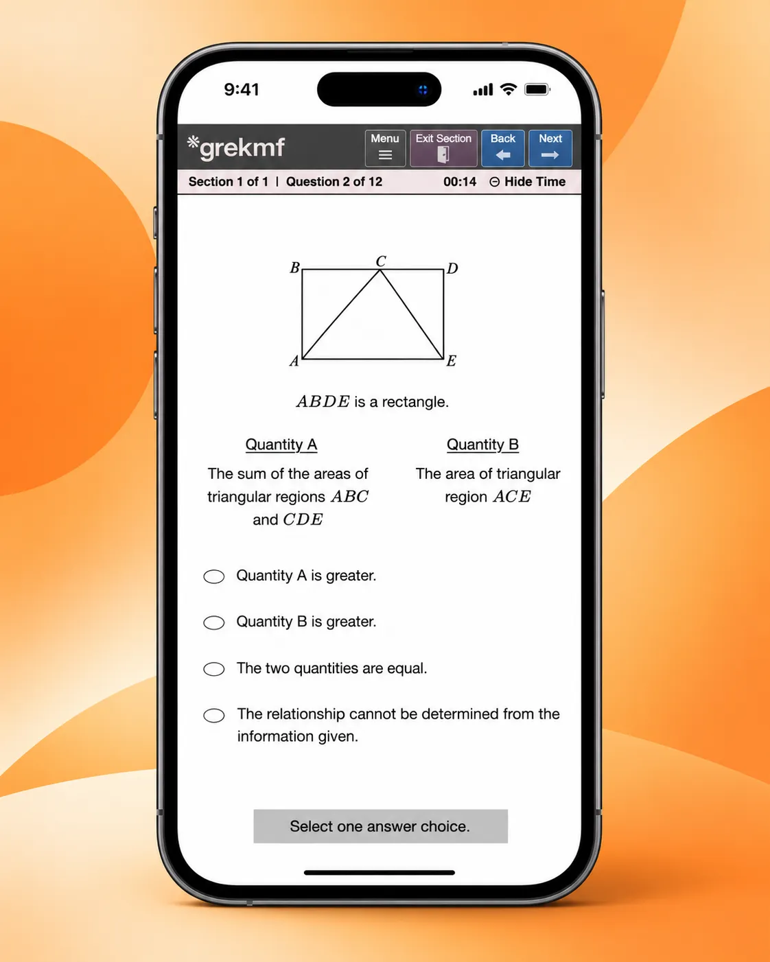 A quantitative comparison question on a phone. Menu, Exit Section, Back, and Next stay in the top bar, with the figure, Quantity A, Quantity B, and the four choices below.