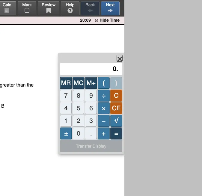 Same session from the other side: gray bar on the right, calculator still on the white canvas. Transfer Display is gray because the display is 0.