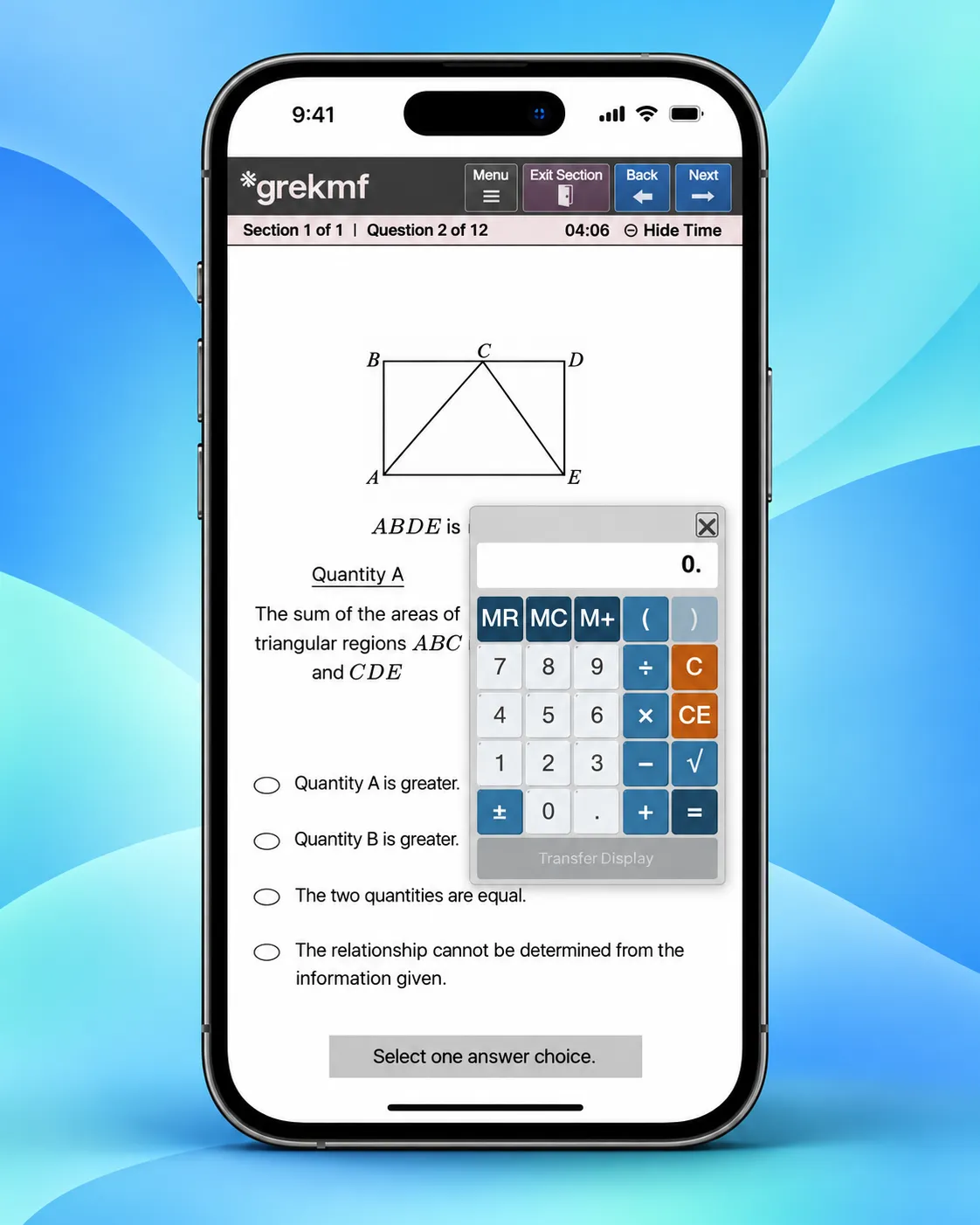 The GRE on-screen calculator open over a quantitative comparison question on a phone, with Transfer Display along the bottom of the pad.