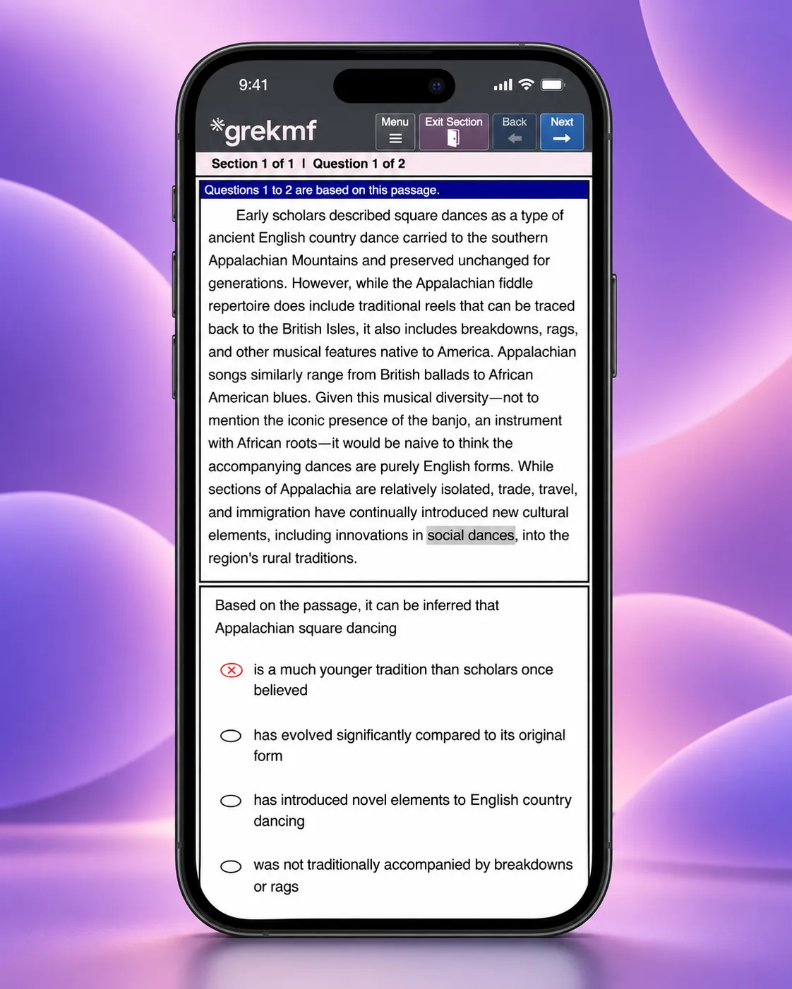 A reading comprehension set on a phone. The passage is stacked above the question, with a highlighted phrase in the passage and the answer choices below.