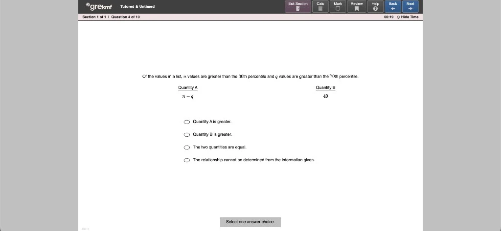 GREKMF exam question interface — Quantitative Comparison question
