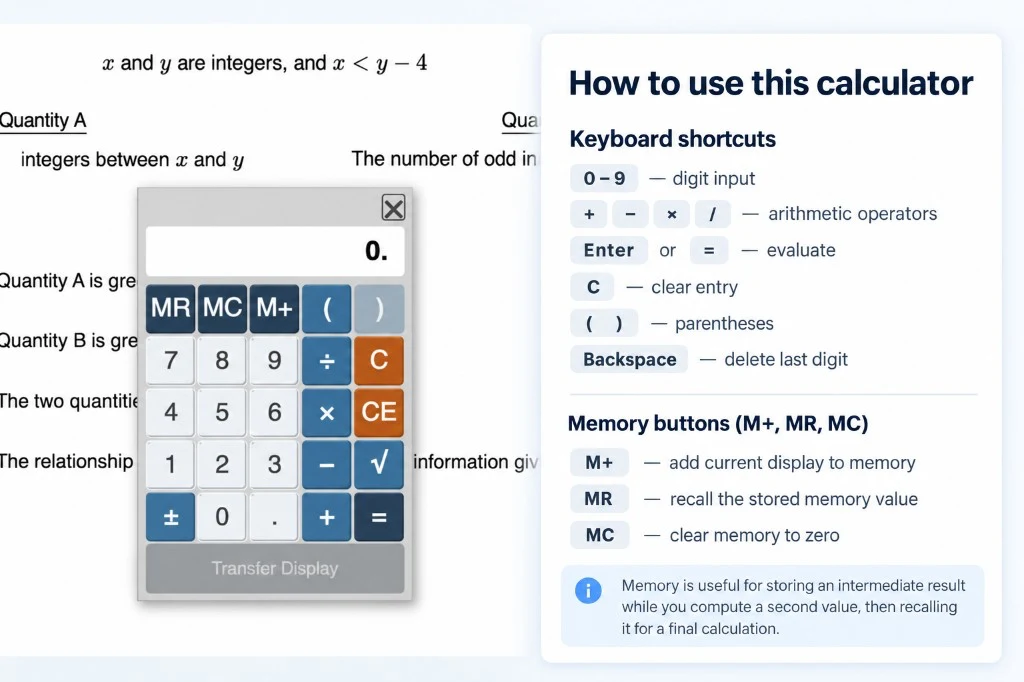 GRE-style on-screen calculator over a Quant comparison question, with keyboard shortcut and memory-button help beside it.