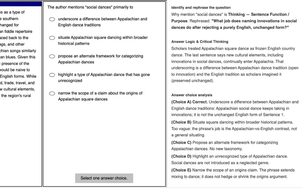 GREKMF Reading Comprehension explanation with question rephrasing, critical thinking, and answer-choice process of elimination.