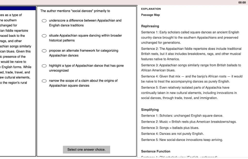 GREKMF Reading Comprehension explanation with passage-map rephrasing and a simpler version of each sentence.