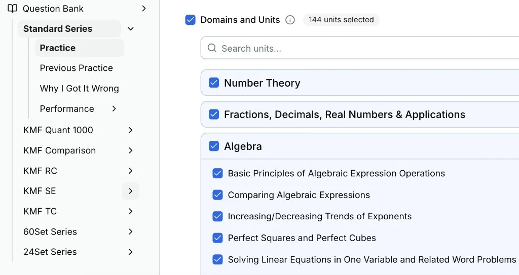 Standard Series topic filters used to select focused GRE practice questions.