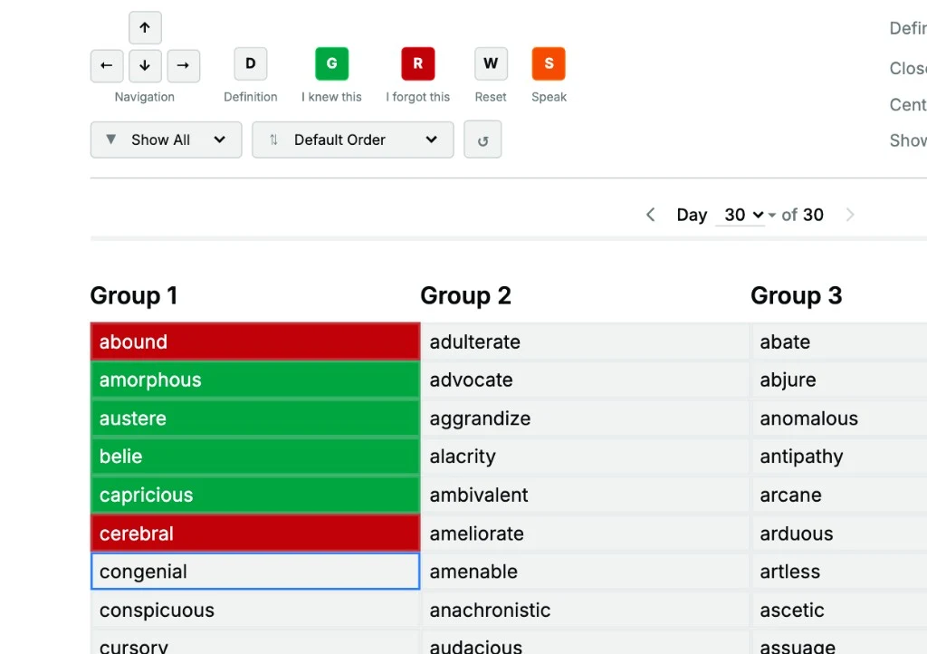 Vocab Mountain word groups with known, forgotten, and selected words plus review controls.