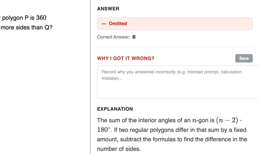 Omitted-answer review with a Why I Got It Wrong field and the step-by-step explanation beside it.